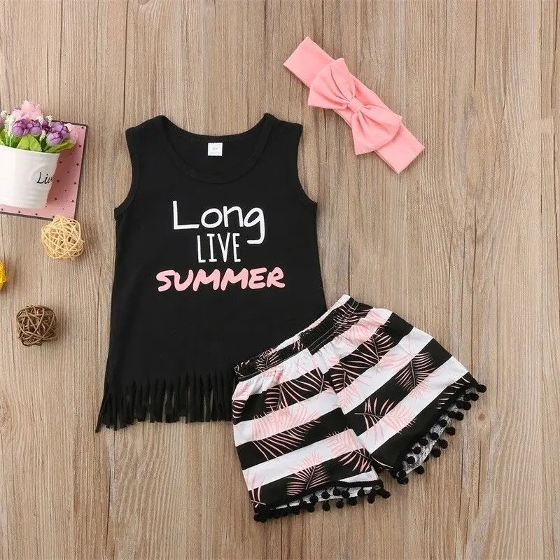 الصيف طفل طفل طفلة الصيف تانك الأعلى الشرابة T-قميص + سراويل قصيرة + بووتي العصابة الزي 3 قطعة مجموعة الملابس 2-6 T