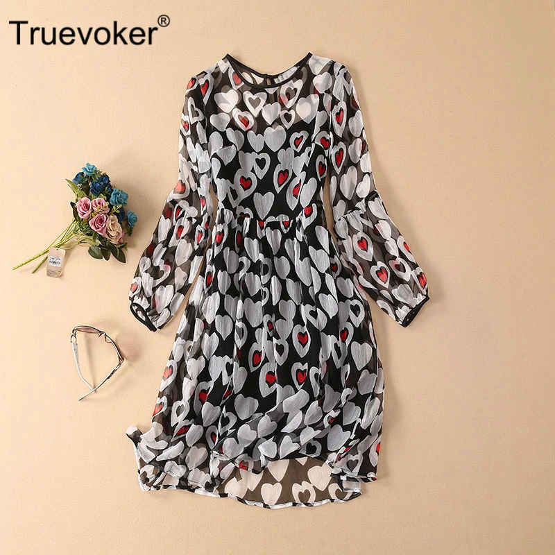 

Truevoker Designer Runway Dresses Women's High End Long Sleeve Multicolor Heart Printed Silk Mid Knee Length Vestidoes
