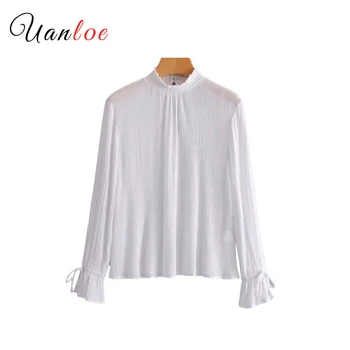 

Women Sweet Ruffled Neck White Black Shirts Bow Tie Long Sleeve Loose Blouses Ladies Casual Chic Tops Blusas