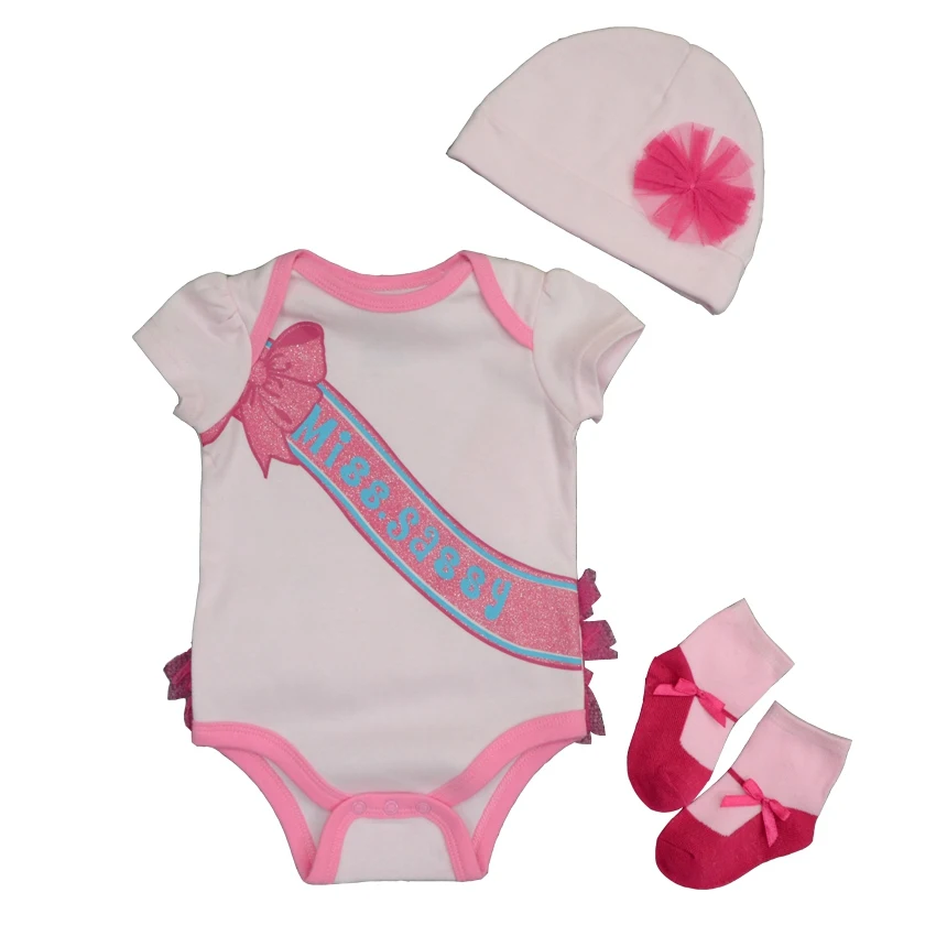 Комплекты летней одежды для маленьких девочек хлопковый комбинезон с круглым вырезом и короткими рукавами для детей 0-9 месяцев, шапка и носки модная одежда для малышей - Цвет: 3064