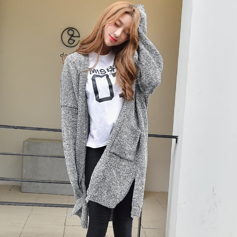 Invierno Mujeres Cardigan 2017 Largo Gris Coreana Chaqueta