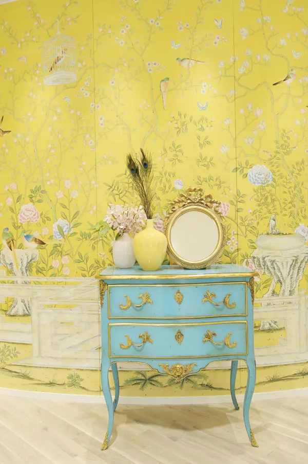 

Classic elegant Hand-painted silk wallpaper painting flowers with birds and fence many patterns and background optional