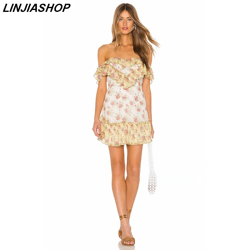 

Elegant boho french print summer dress slash neck short sleeve lining high waist soft slim special interest ins mini dress sale