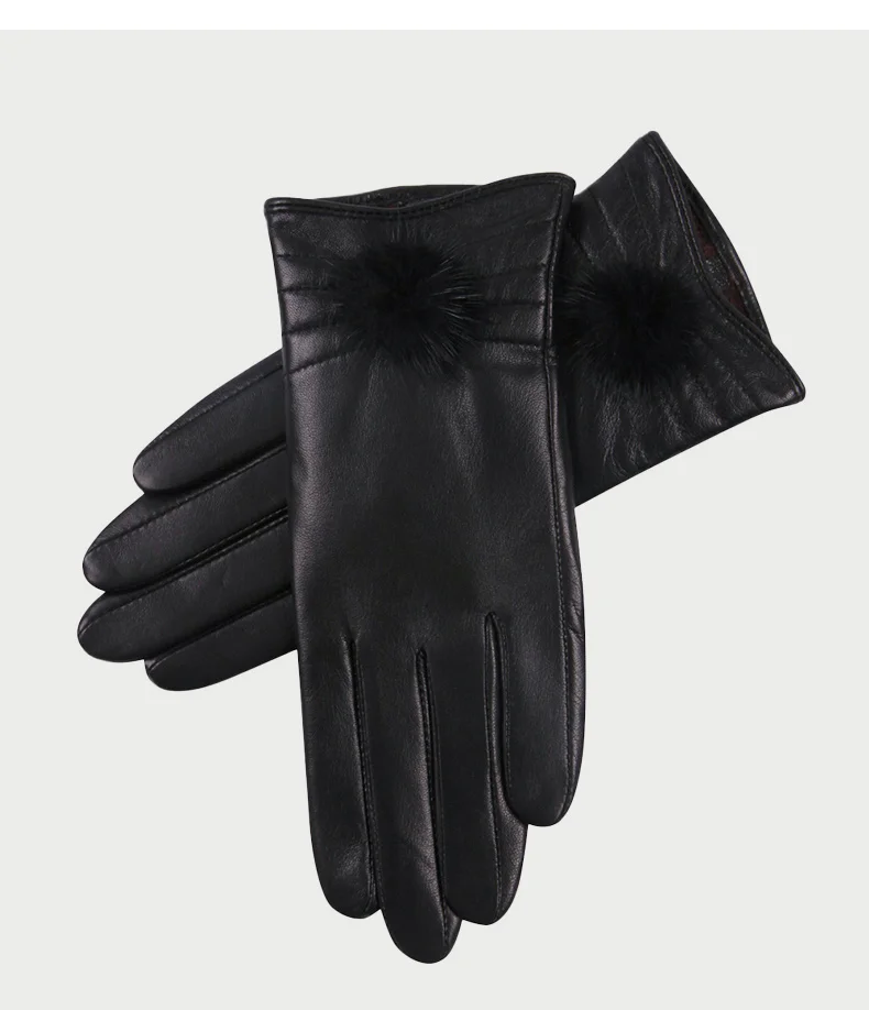 Кожаные перчатки женские осень-зима милый мяч Утепленная одежда Сенсорный экран вождения Плюшевые Внутри на утолщаются овчины женские