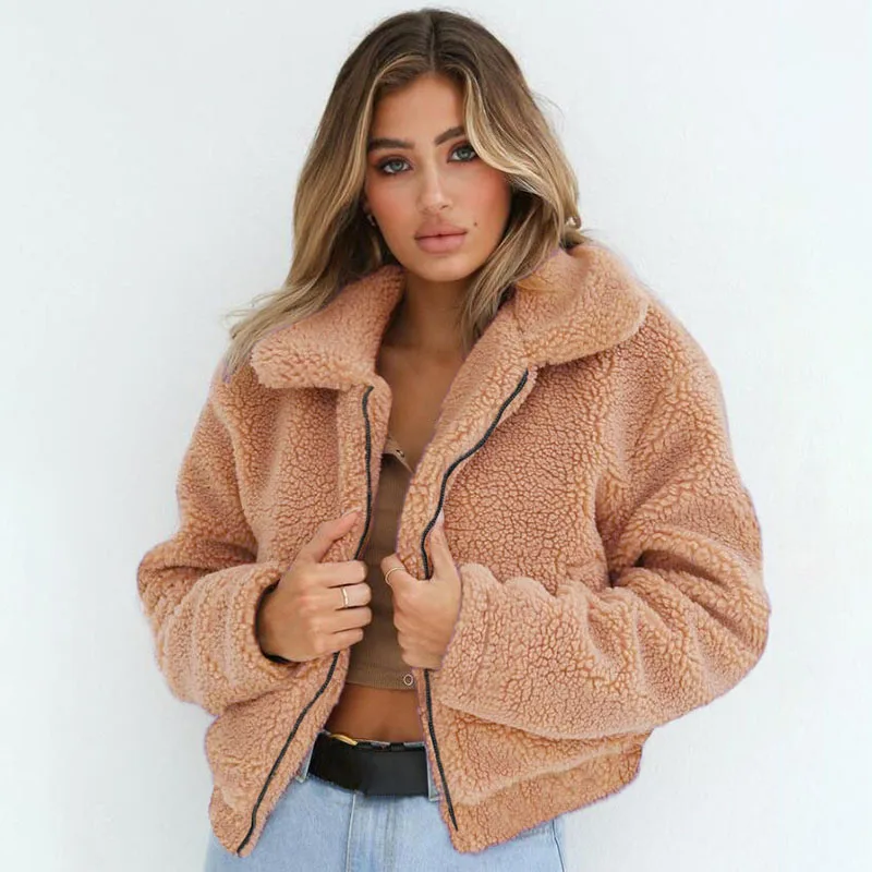 

Women's Lamb Fur Coats Fashion Autumn Winter Thick Warm Coat Solid Long Sleeve Stand Collar Zipper Casual Outerwear Overcoat