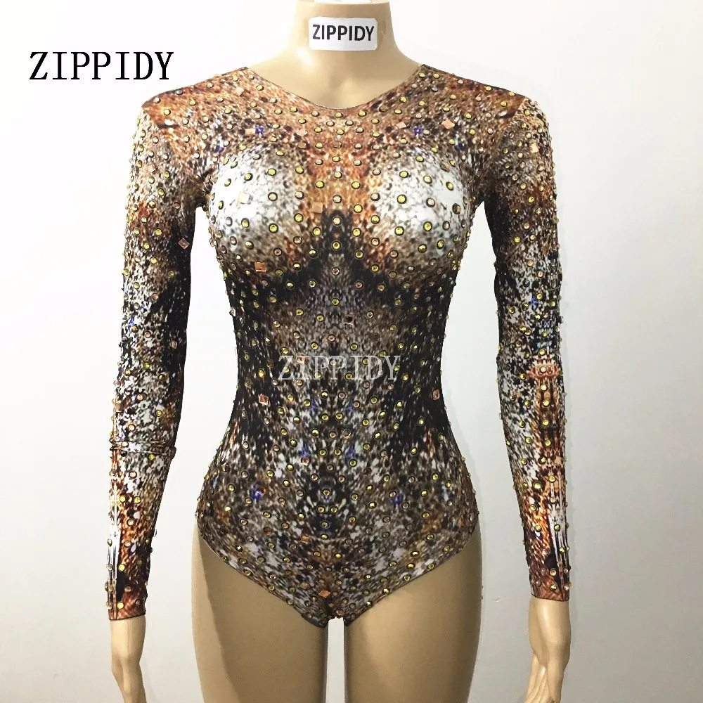 

Gold Crystals Printed Bodysuit Bar Evening Party Performance Stretch Rhinestones Costume Female Singer Dancer Leotard Stage Wear