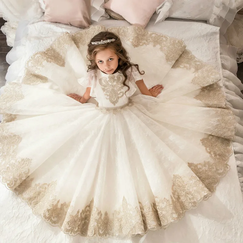 

princess dress Flower Girl Dresses O-neck Appliques Short Sleeves Ball Gown Pageant Dresses Communion Gown for Wedding girl