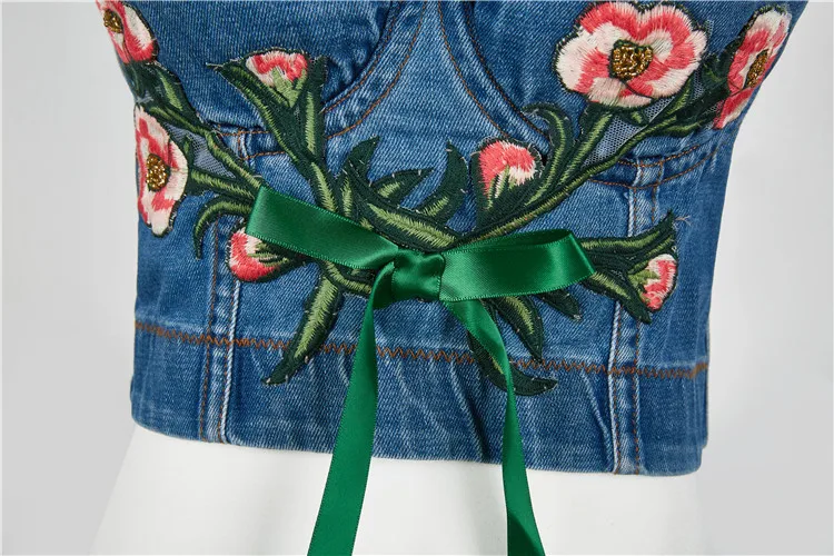 Вышивка джинсовый цветочный галстук пуш-ап бюстье женский топ без косточек укороченный джинсовый жилет размера плюс