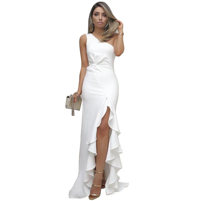 

Long One Shoulder Party Dress Women Summer Elegant White Bodycon Dress Twisted Ruffles Slit Hem Dresses Vestidos 2019 GRNSHTS