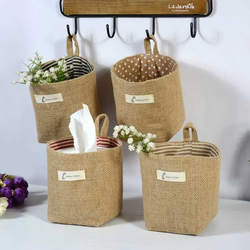 

Creative Linen Woven Storage Basket Polka Dot Stripe Pattern Storage Basket Sundries Makeup Snack Toy Storage Box Home Decor