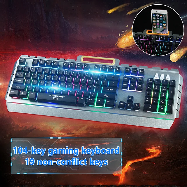 Best Offers Wired Computer Game Backlit Mechanical Keyboard Handle Feeling Gamer Keyboard Phone Holder 104Keys RGB Keyboard For PUBG LOL PC