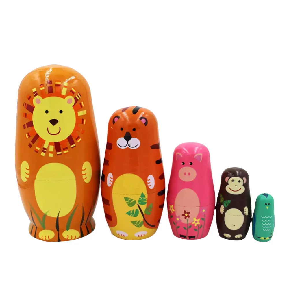 5Pcs/Set Cute Brass Wooden Animal Bear Lion Nesting Dolls Babushka