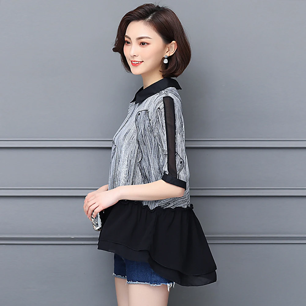 Spring and summer new style L-5XL large size chiffon short sleeve top Chiffon splicing print temperament top