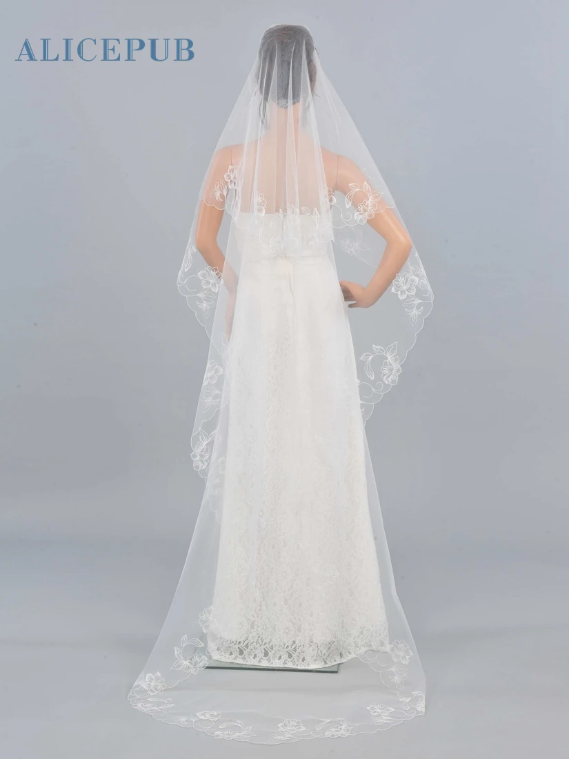 Ivory 1 Tier Cathedral Length Voile Wedding Veil Embroidery Handmade