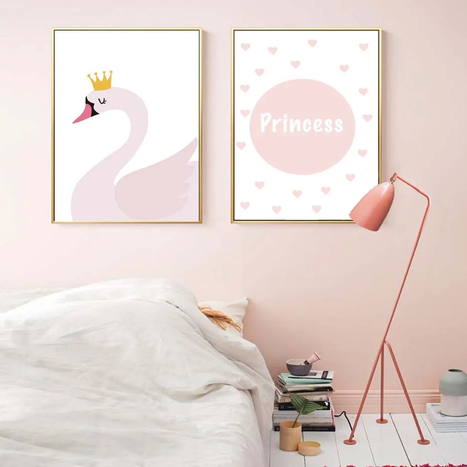 Pink Princess Flamigo Swan Cartoon Wall Art Poster Modern Canvas Painting For Nursery Kids Girl Bedroom Home Decor Wall Picture (3)