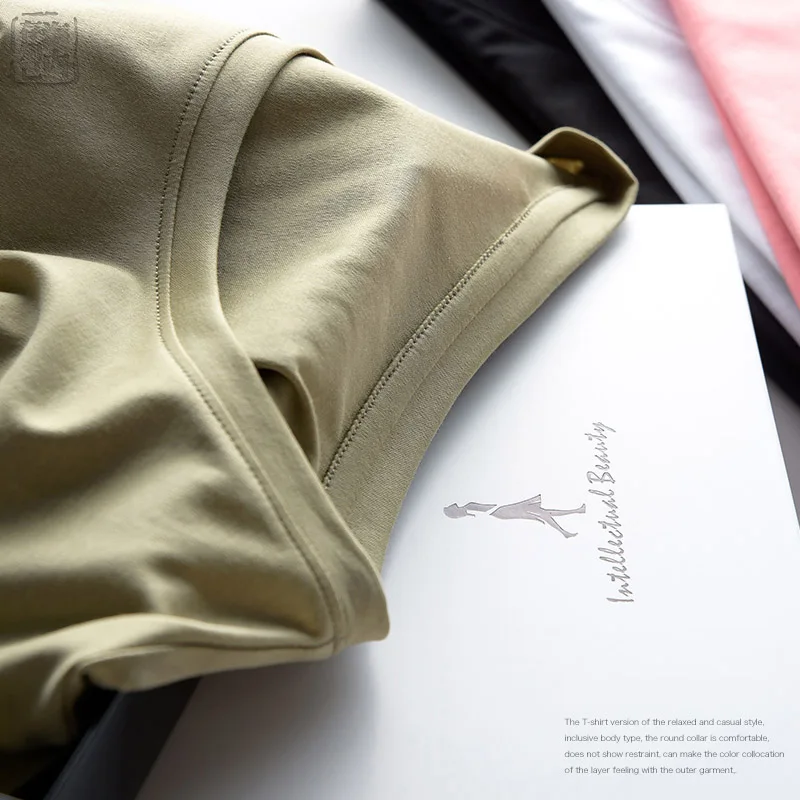 High-end Luxury Fabirc Women V-neck 100% Mercerized Cotton T-shirt Round Tee Short Sleeve Silk Feelling 2018 Top Summer Fashion