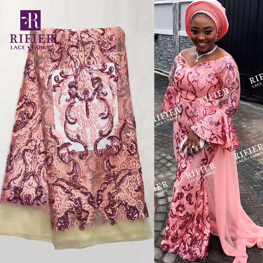 

New Nigerian Sequined Net Lace Fabric African Pink Sequins Mesh Fabrics For Women Or Men Wedding Laces India Quality Dress Lace