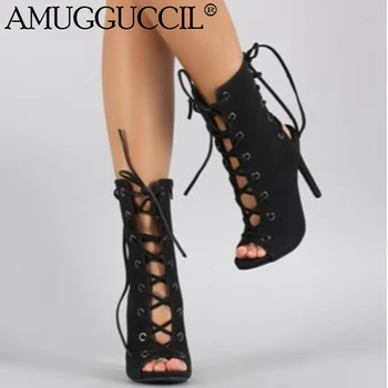 black lace up peep toe heels