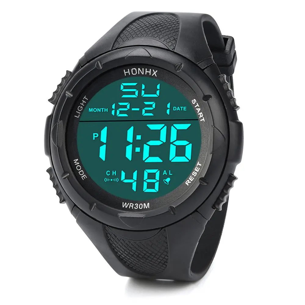 HONHX мужской светодиодный цифровой будильник спортивные часы, двойное время, Chrono, будильник, дата обратного отсчета, неделя, EL, 12/24 часов часы - Цвет: Black