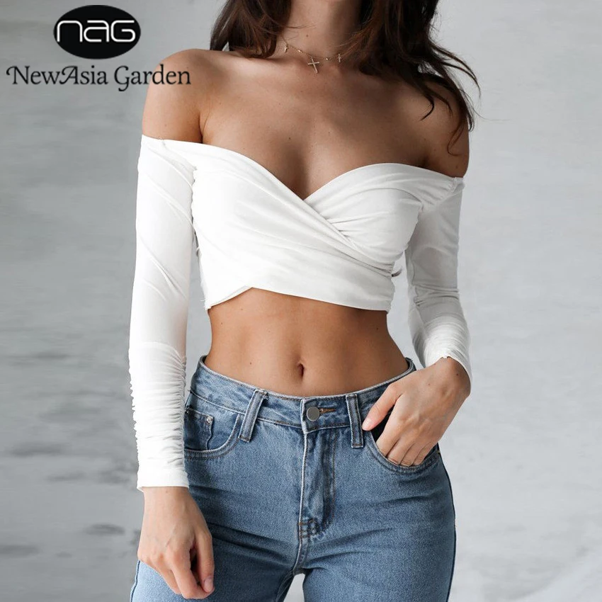 Beste NewAisa Tuin Sexy Diepe V hals T Shirts Met Lange Mouwen Ruches Strapless Crop Tops Voor Cross Shirts Zomer Korte Tees Zwart Wit