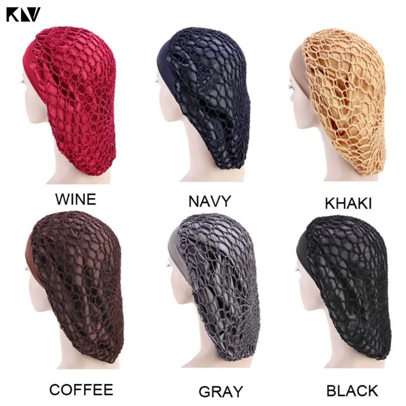 

KLV Women Hollow Out Mesh Net Snood Bonnet Sleep Cap Solid Color Wide Band Vintage Crochet Knitted Chemo Cap Turban Hair Cover