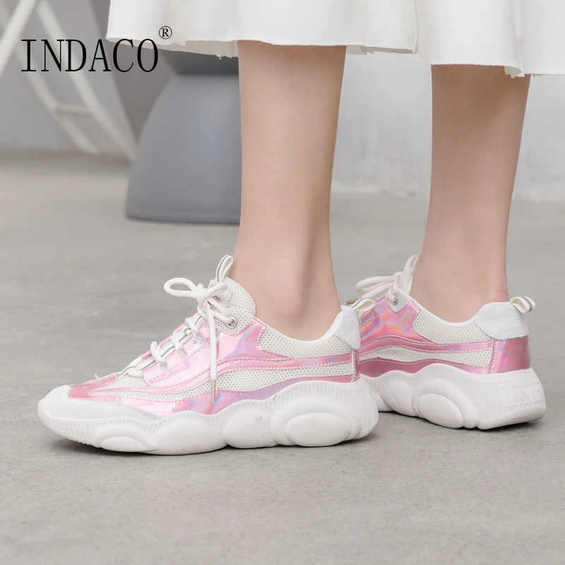 

2019 Sneakers Women Leather Pink White Sneakers Woman Shoes Fashion Casual Shoes 4cm