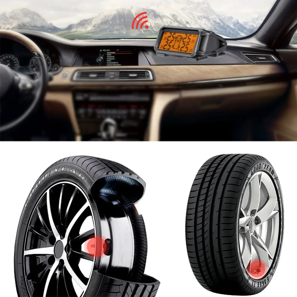 Wireless TPMS Tire Pressure Monitoring System Real-time Alarm 3.5inch 4PCS External/Internal Sensors Solar Tire Guage Monitor