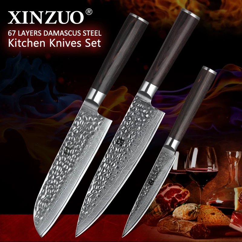 XINZUO 3 шт. китайский кухонный шеф-повара наборы ножей японский дамасский кухонный нож из нержавеющей стали шеф-повара сантоку с деревянной ручкой