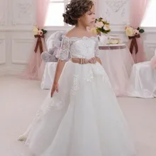 Белые/цвета слоновой кости, для причастия, с блестками, кружевные свадебные платья с цветочным узором для девочек, с открытыми плечами, бальные платья с рукавами