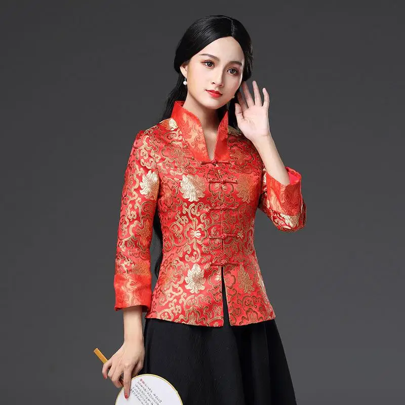 Новая Женская атласная рубашка Топы китайский Для женщин традиционные Винтаж блузка цветок Костюмы Весна одежда с длинными рукавами плюс Размеры S-3XL - Цвет: Красный