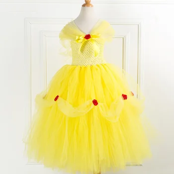 

Beauty Beast Belle Princess Tutu Dress Kids Fancy Girl Party Dress Yellow Christmas Halloween Cosplay Dress Tulle Girl Costumes