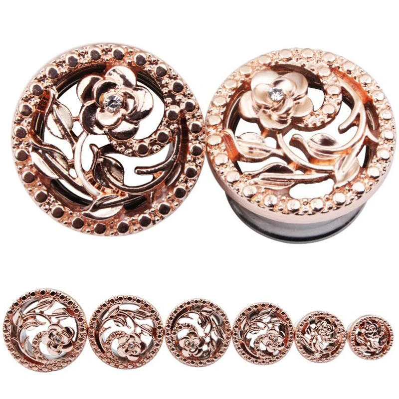 Isayoe 2Pieces Rose Gold Ear Plug Gauges Flesh Tunnels Double Flared