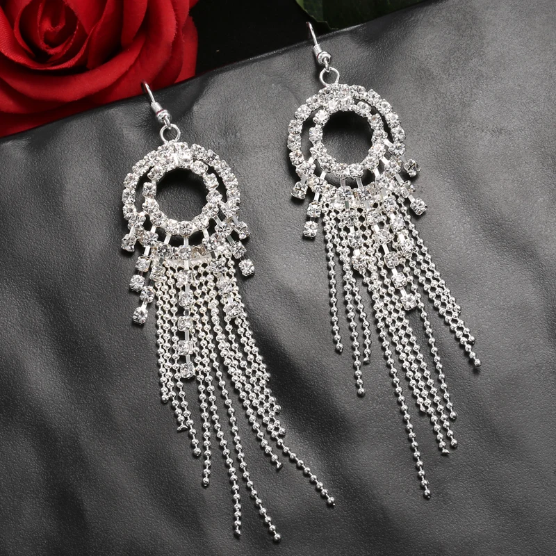 

Luxury Silver Plated Crystal Long tassel Earring for Women Girl Wedding Cosmetic Popular Rhinestone Dangle Earring Jewelry Gift