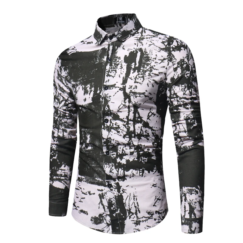 Prix Marque 2018 Mode Mâle Chemise Longue Manches Chinois Style Tops Simple Jet D encre Motif Hommes Robe Chemises Slim Hommes Chemise XXXL