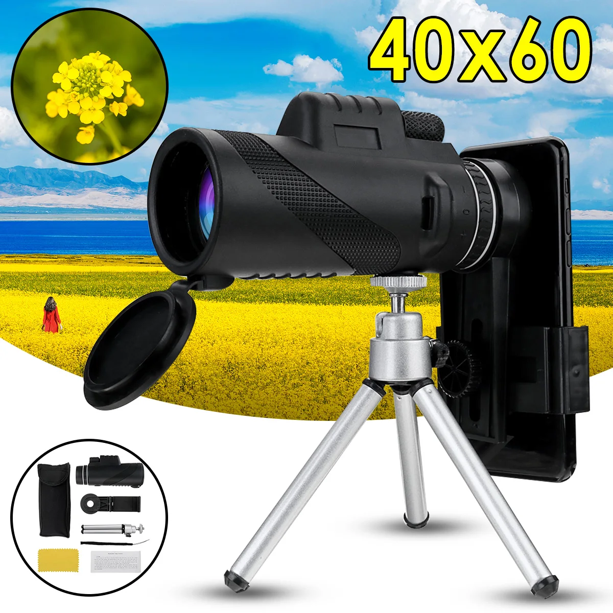 40X60 التكبير HD عدسة ناظور أحادي العين للرؤية الليلية تلسكوب مع ترايبود الهاتف كليب مناظير ل في الهواء الطلق الصيد التخييم