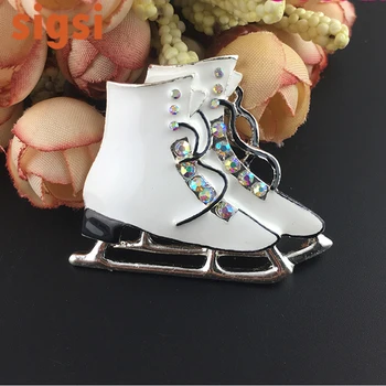 

50/100pcs fancy silver tone white enamel rhinestone Rollerskate skate shoes brooch pin for women's gift