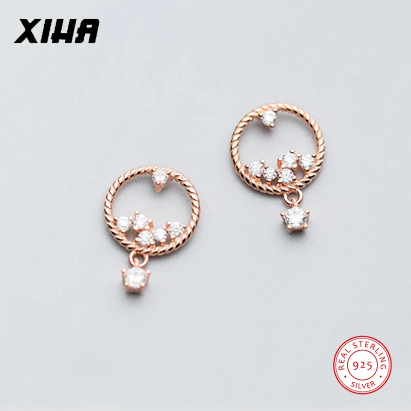 

XIHA 925 Sterling Silver Earrings for Women Rose Gold Color Hollow Round Circle Crystal Stud Earrings for Women Bridal Jewelry