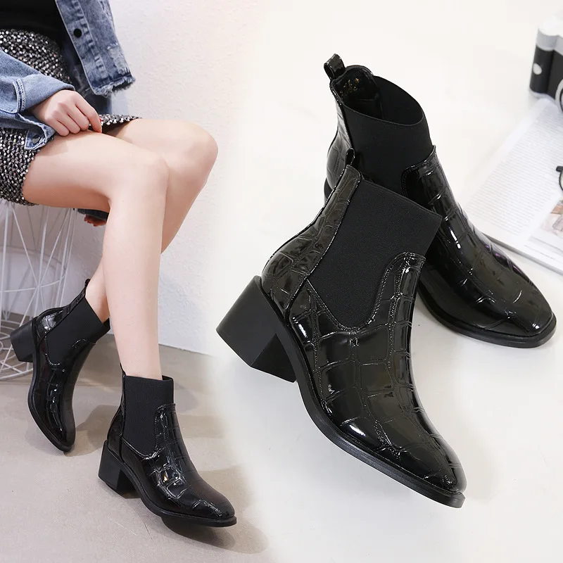 

Roman japanned leather plush martin boots winter brand crocodile grain short chelsea booties chunky heels ladies bottes femme