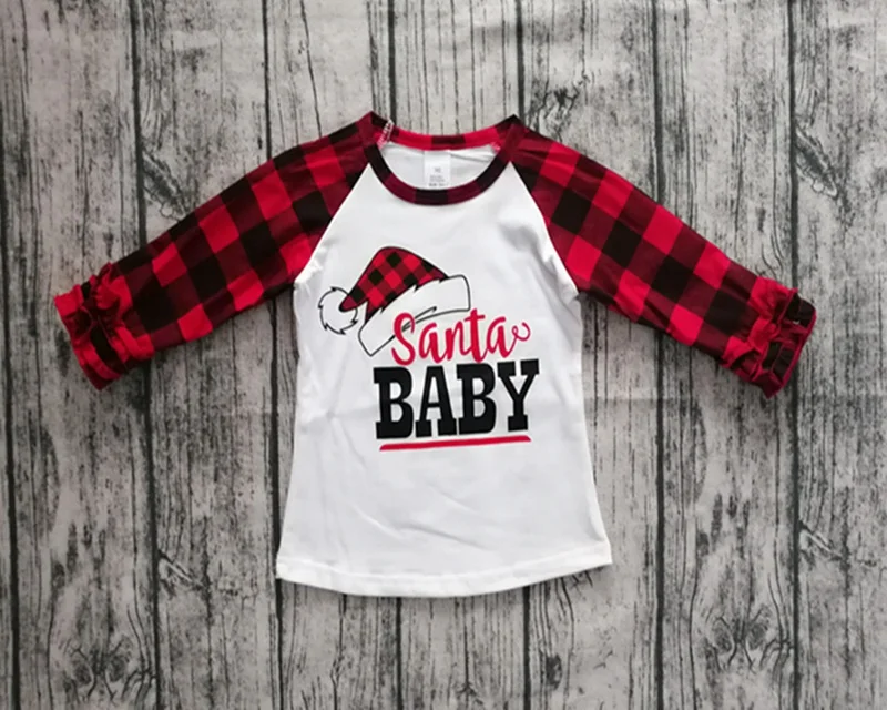 

Kids " Santa BABY " Print Xmas Shirt Children red black grid sleeve tops Baby ICING Raglan long ruffle sleeve cloth for 1-7T