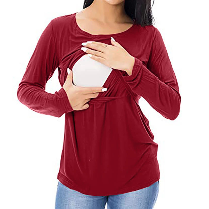 Для женщин беременных однотонное цветное, Двуслойное кормящих футболка Весна-осень с длинным рукавом Повседневное удобные топы для