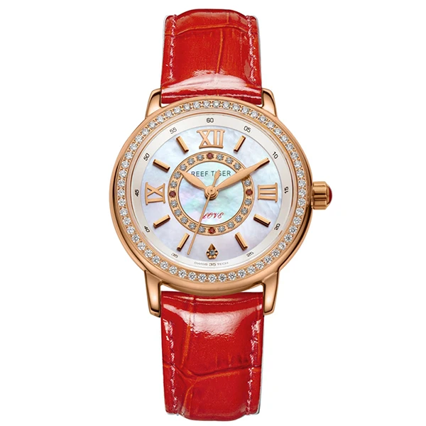 Reef Tiger/RT Роскошные Брендовые повседневные женские часы с красным кожаным ремешком водонепроницаемые кварцевые часы подарок для жены RGA1563 - Цвет: RGA1563PWRH