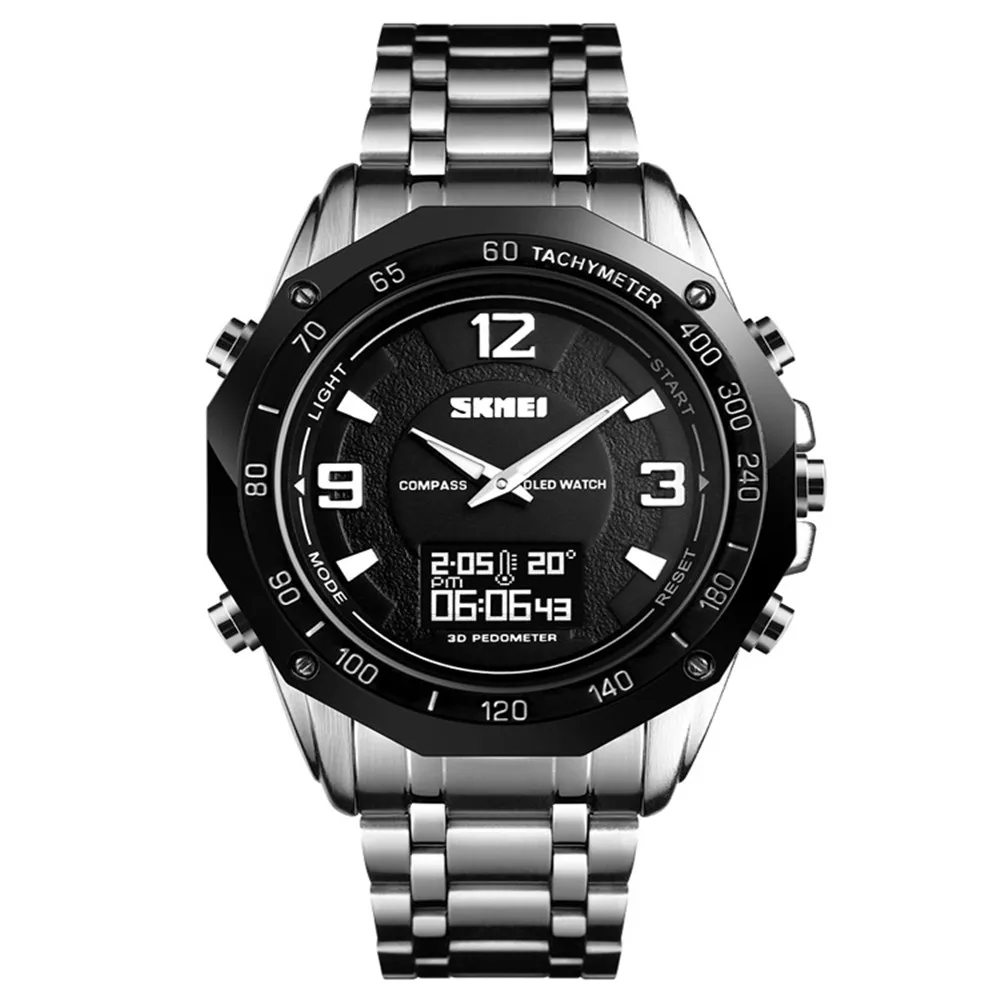 SKMEI мужские цифровые часы Компас Температура электронные наручные часы 3 бар водонепроницаемый хронограф калорий шагомер спортивные часы 1464 - Цвет: Silver