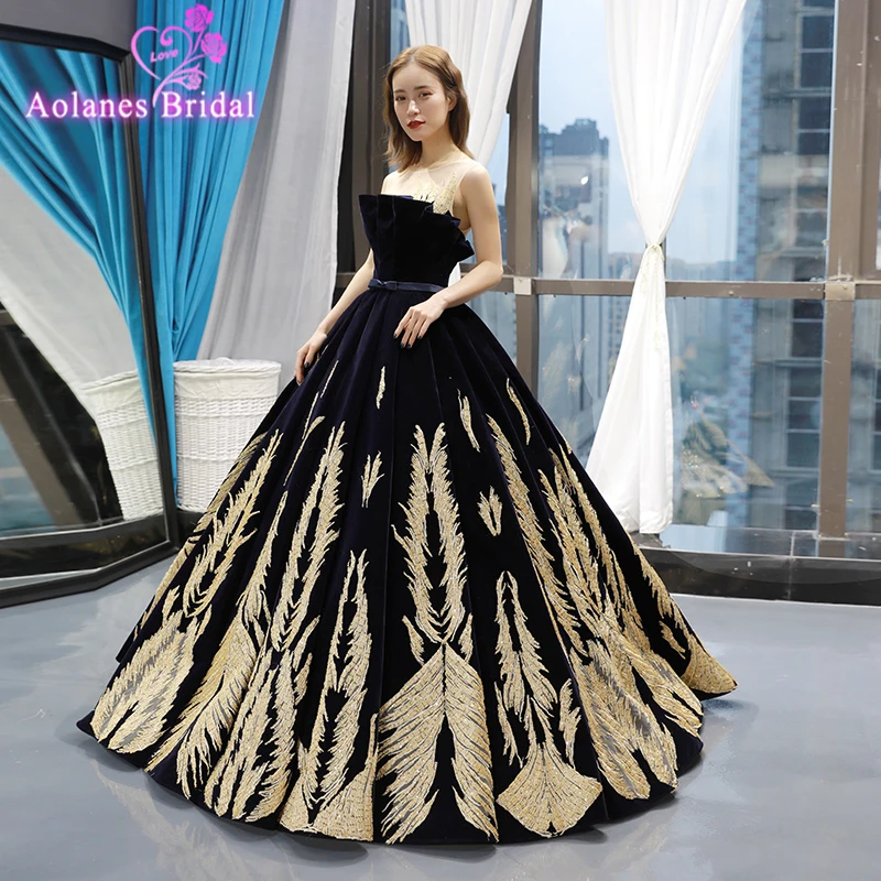 Gold Lace Puffy Black Evening Dresses 