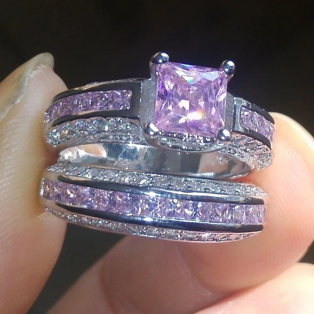 

Romatic Rings Pave Setting 5A Pink Zircon CZ 925 Sterling Silver Wedding Band Rings set For Women Bridal Jewelry bijoux