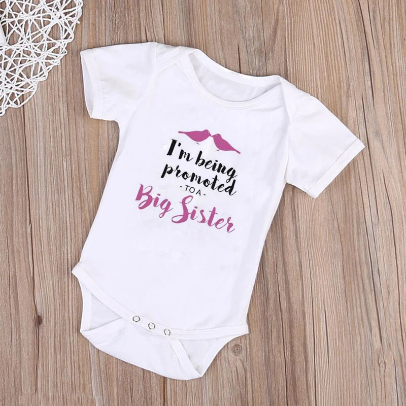 Newborn Baby Boys Girls Short Sleeve Letter Print I'm Being Promoted To Be A Big Sister Cotton Romper Summer Baby Clothes 4