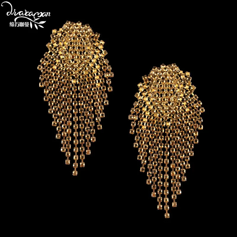 Dvacaman, серьги-капли ZA, ювелирные серьги, золотые висячие серьги, украшения, крупные серьги с кристаллами и кисточками для женщин