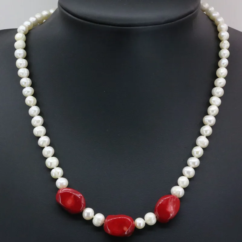 

7-8mm White Natural Freshwater Cultured Pearl Coral Beads Necklace Women Jewelry Exquisite Chain Wedding Gift 18inch B3400