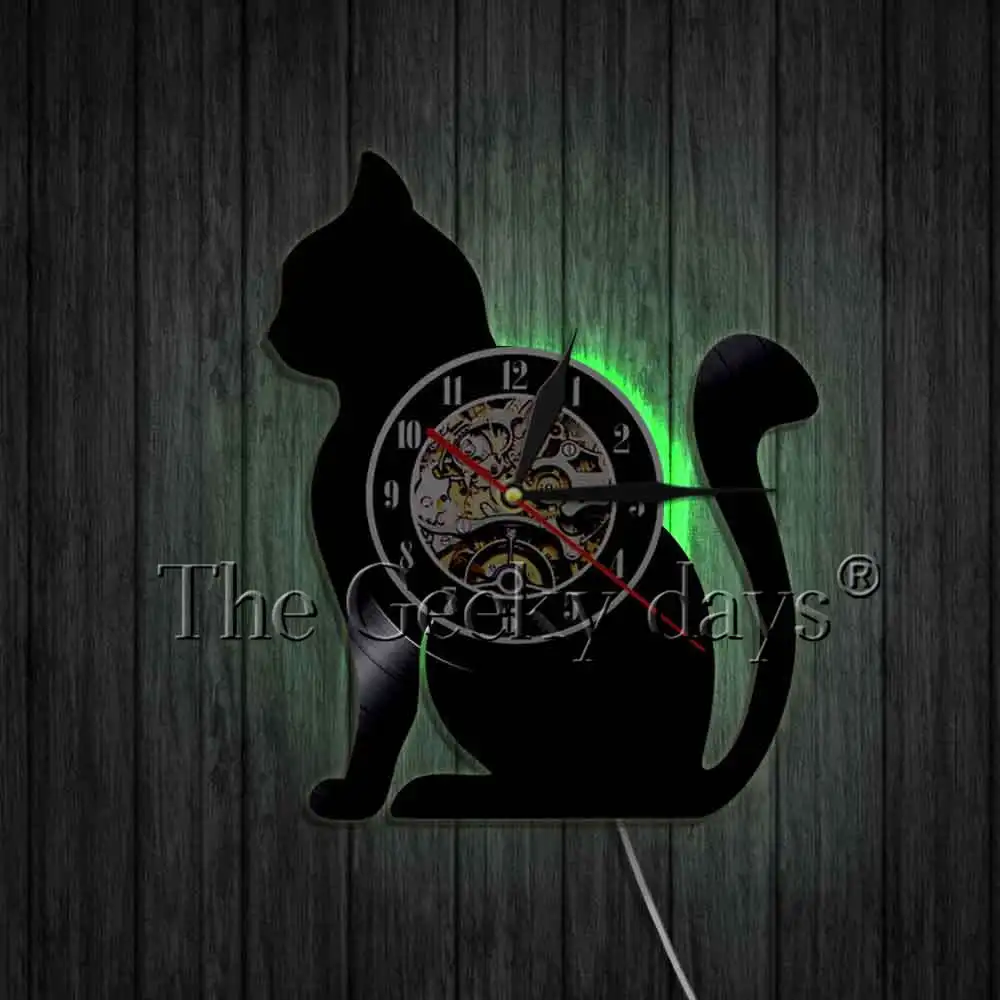 Забавные настенные часы с изображением кота, Виниловая пластинка, часы ручной работы, домашний Настенный декор, Интерьерные часы с изображением животных, современный дизайн - Цвет: With LED Light