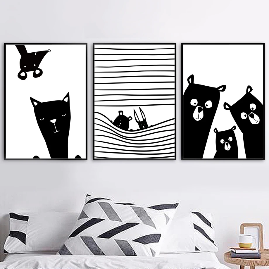 

Cat Mouse Bear Wall Art Canvas Painting Nordic Posters And Prints Animal Black White Wall Pictures For Kids Baby Room Home Decor