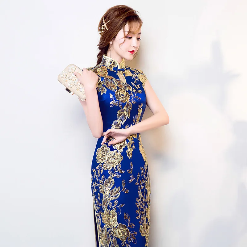 Длинные традиционное китайское платье Cheongsam современный Qipao Мода 2017 г. синий Кружево Vestido Oriental Стиль Платья для вечеринок Свадебные платья